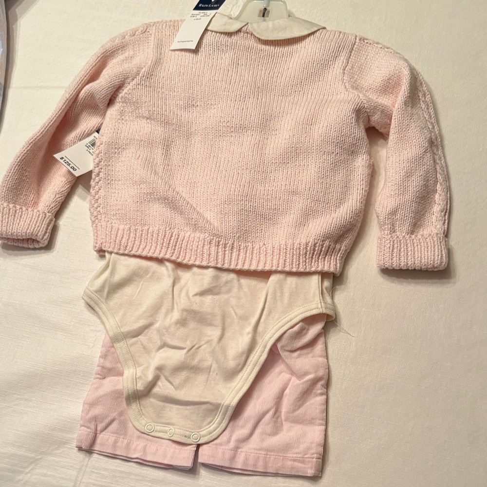 NWT Ralph Lauren Pink Knit Cardigan, long sleeve Bodysuit, corduroy pants Set - Picture 10 of 11